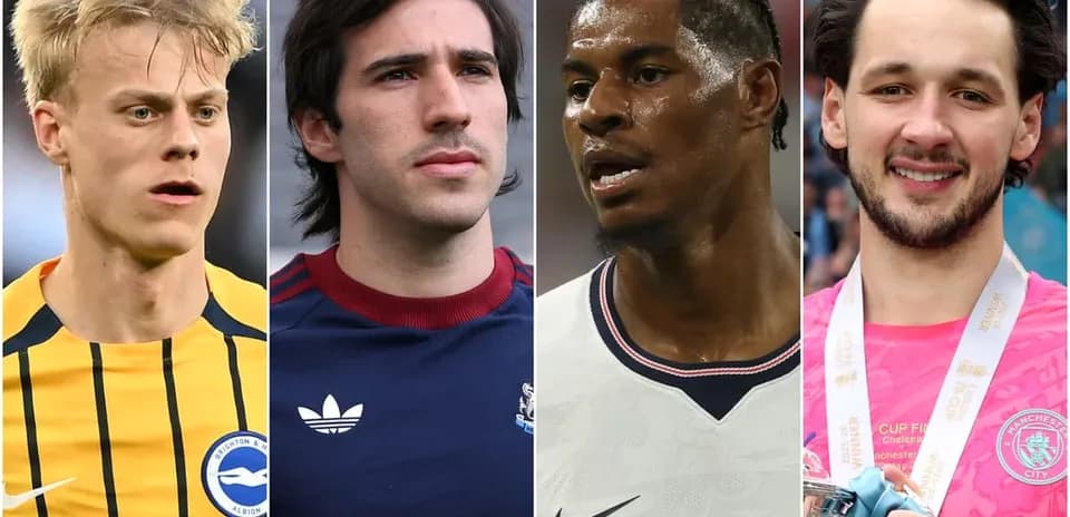 Four football players in various jerseys and expressions