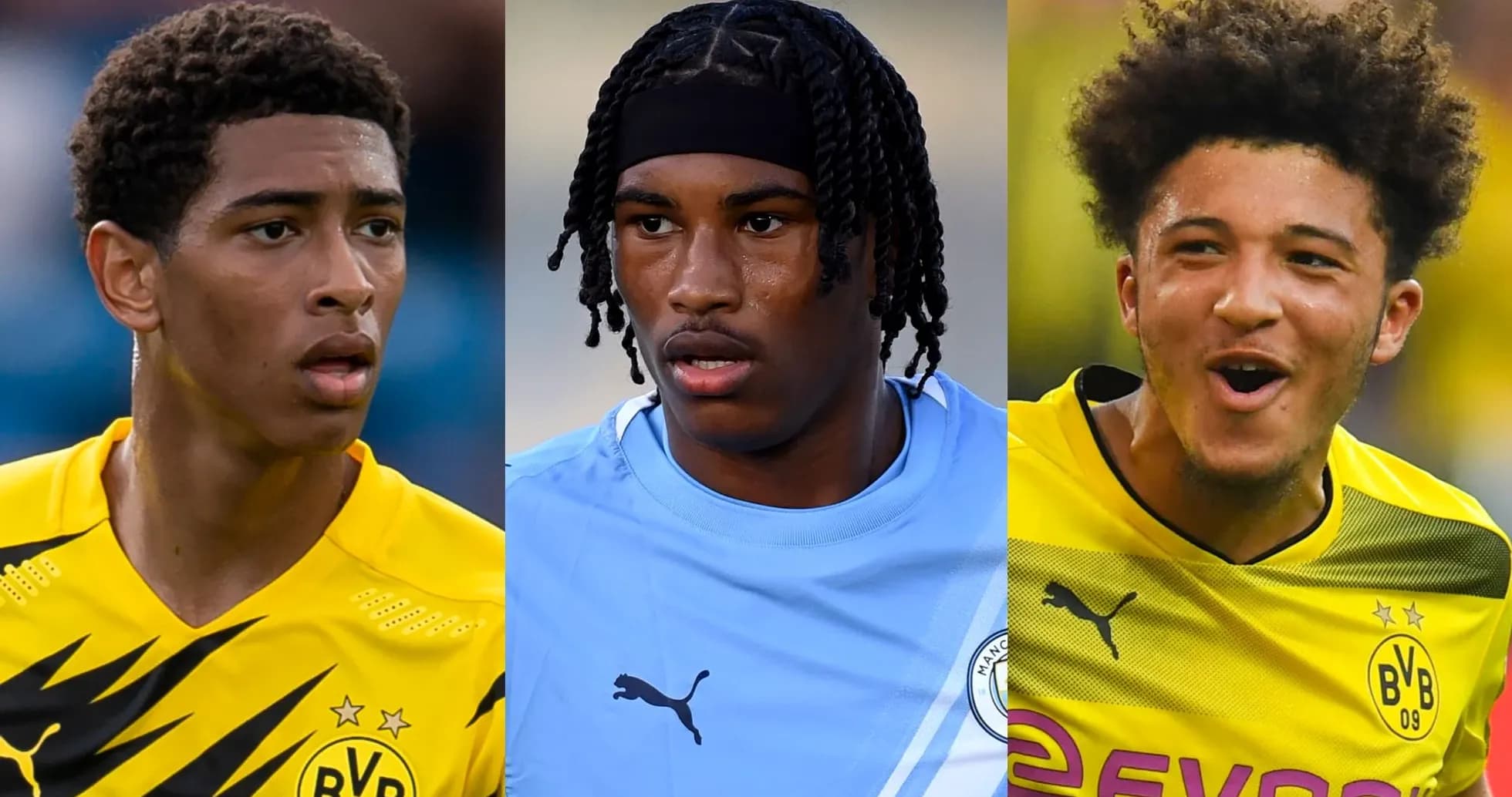 Three football players in club jerseys during match