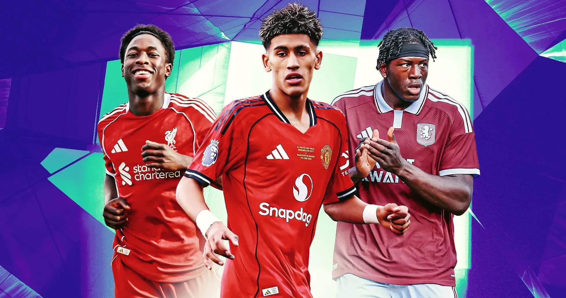 Three football players in team jerseys posing together