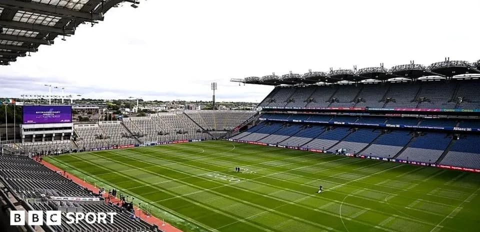 Croke Park stadium with empty seats and green pitch
