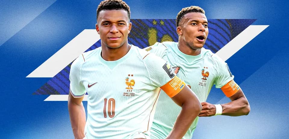 Mbappé wearing France kit, posing and celebrating