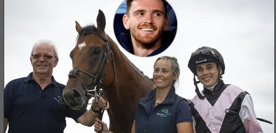Three people with a horse at racing event