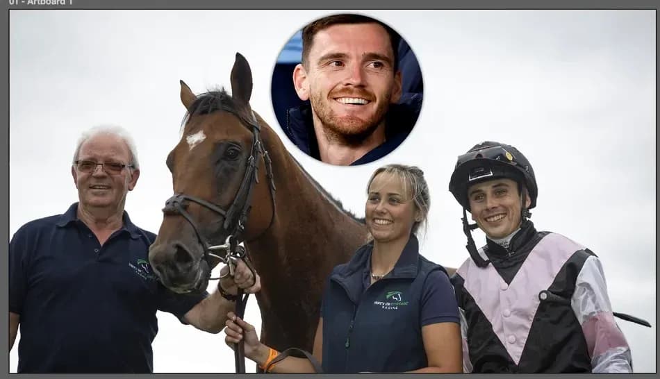 Three people with a horse at racing event