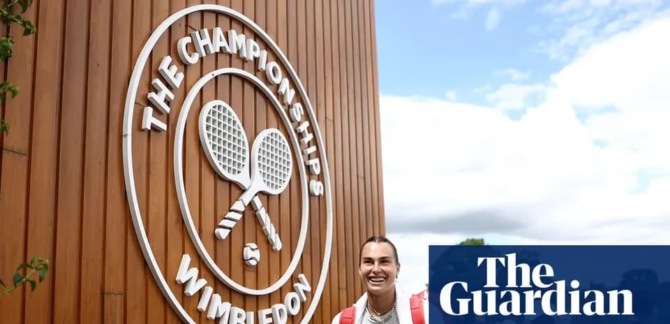Tennis player near Wimbledon Championships sign