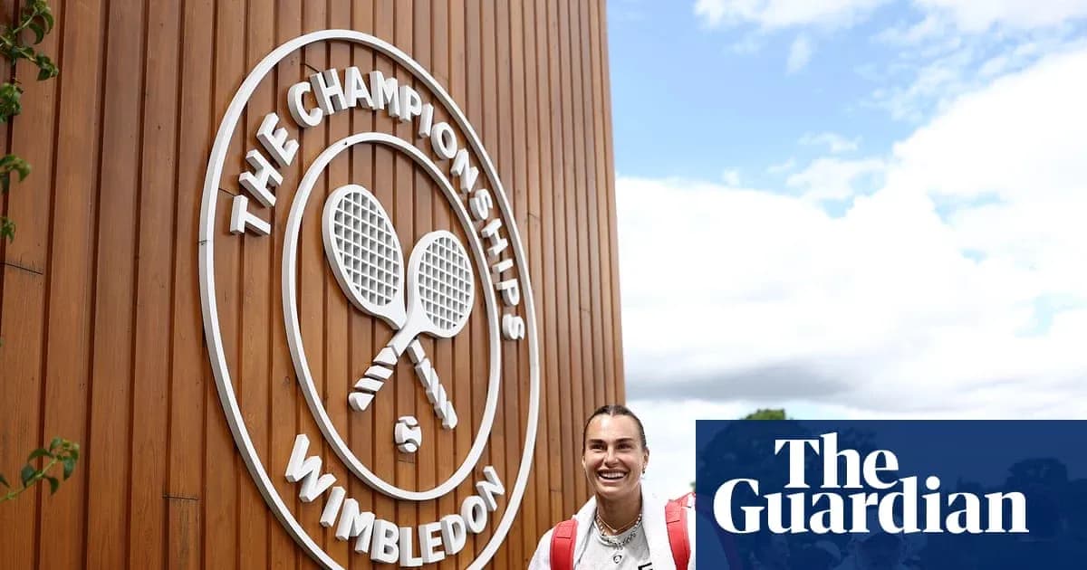 Tennis player near Wimbledon Championships sign