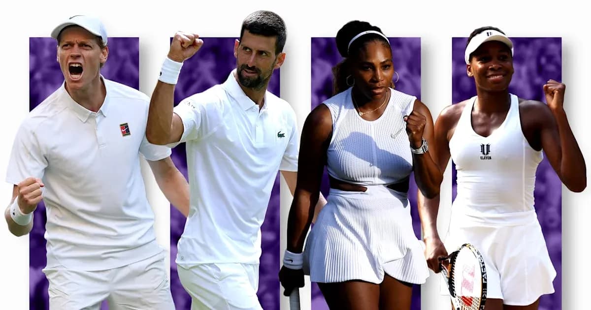 Four tennis players celebrating on a colorful background