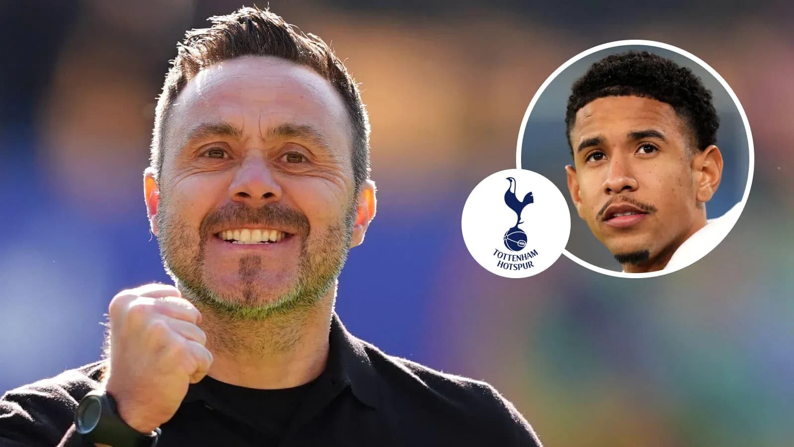 Men's football coach celebrating with Tottenham Hotspur logo