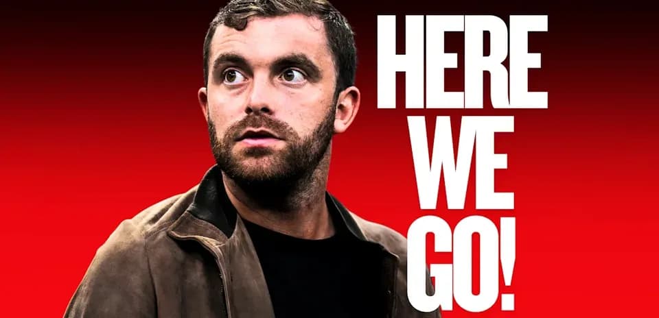 Man looking to the side with bold text behind