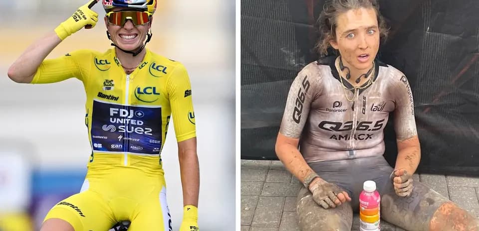 Yuqorida sariq forma kiygan velosipedchi, pastda loyga botgan sportchi