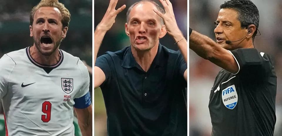 Harry Kane, Thomas Tuchel, and referee during match