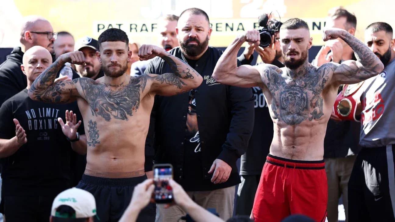 Two boxers flexing muscles at weigh-in event