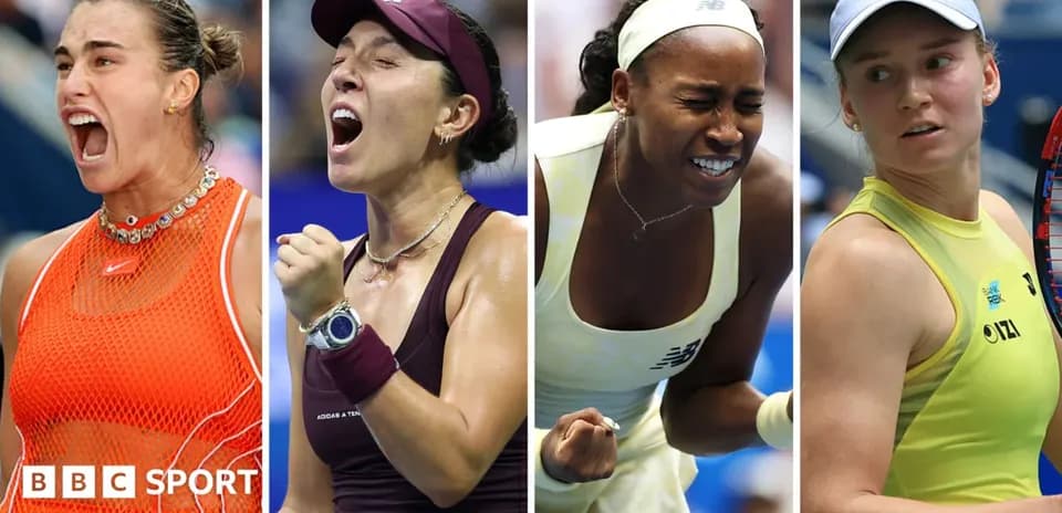 Four female tennis players celebrating on court