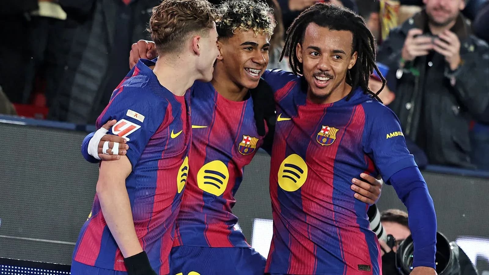 Barcelona players celebrating a goal together