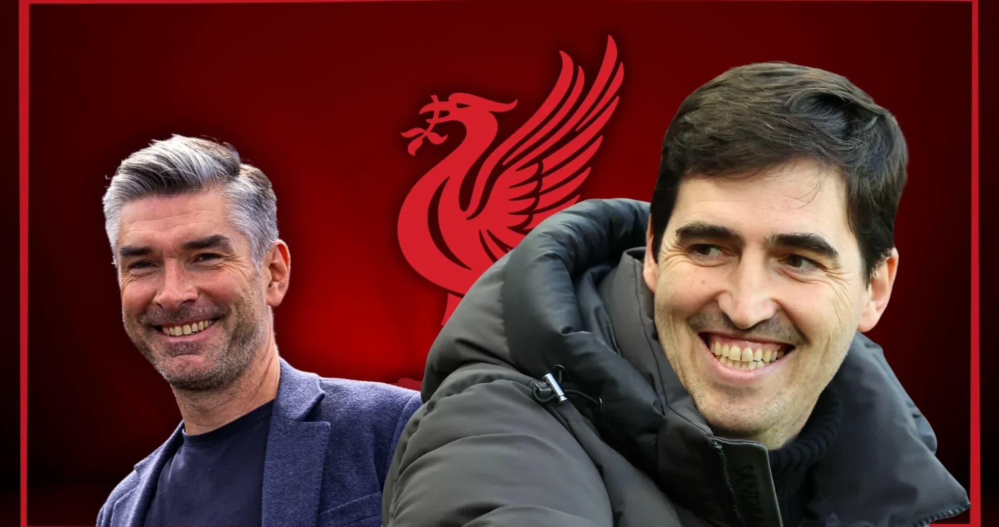 Two coaches smiling against Liverpool background