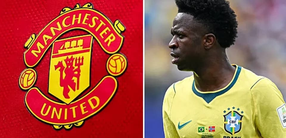 Manchester United logo and Vinícius Júnior on field