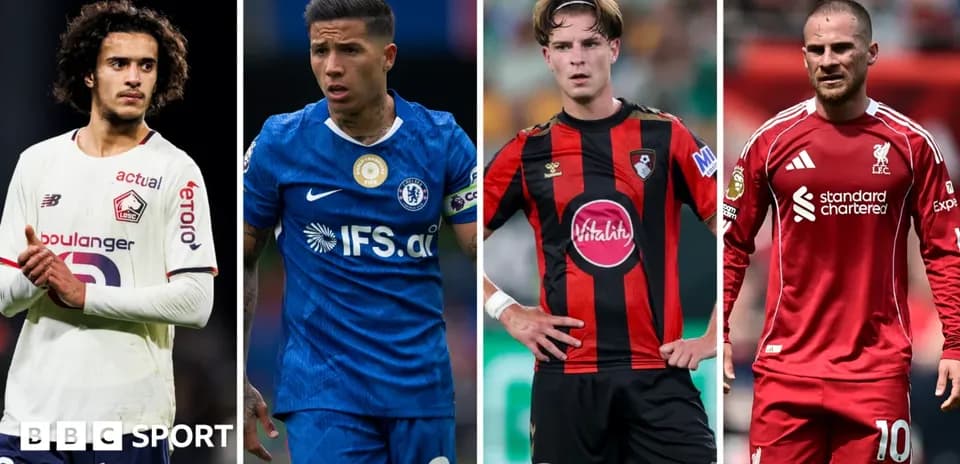 Four football players in team kits during matches