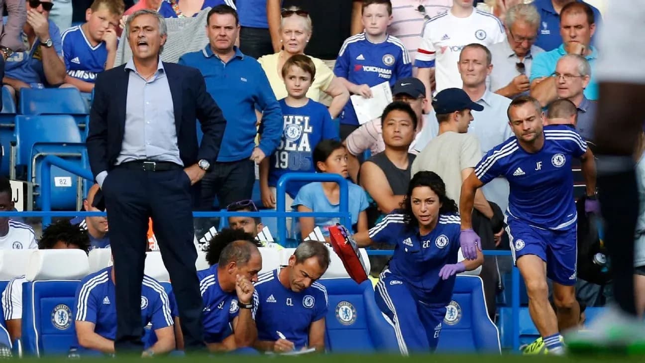 Chelsea manager and staff during match at Stamford Bridge