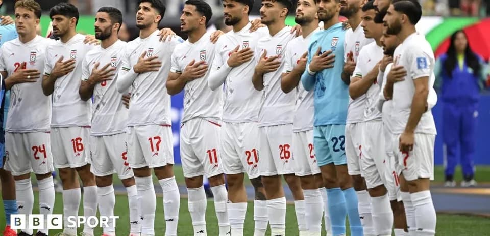 Iran national football team singing national anthem before match