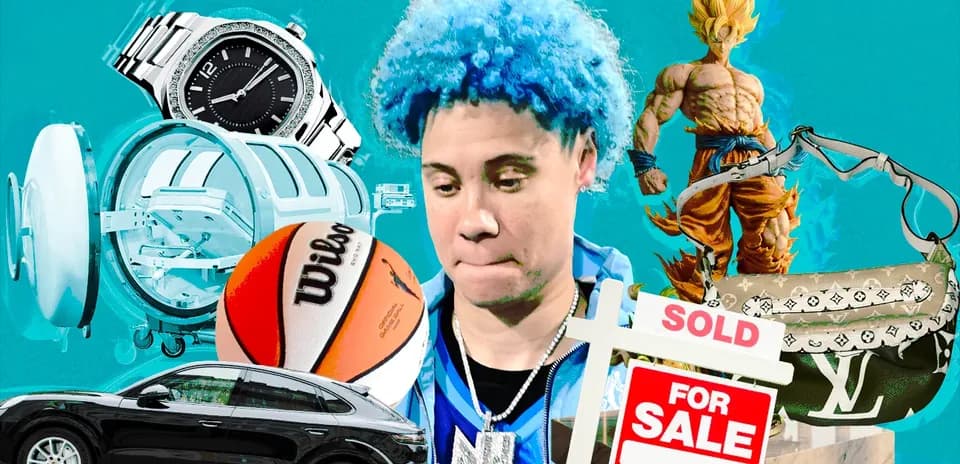 Person with blue hair surrounded by various items