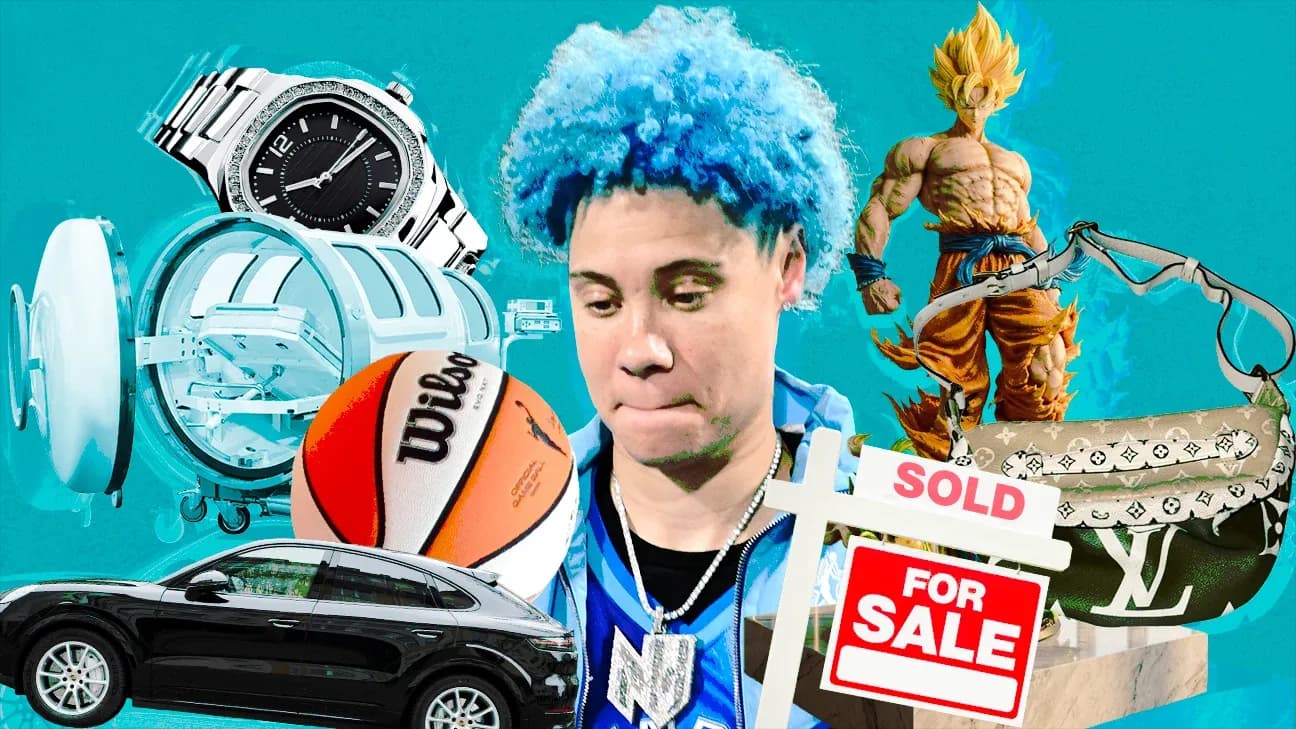 Person with blue hair surrounded by various items