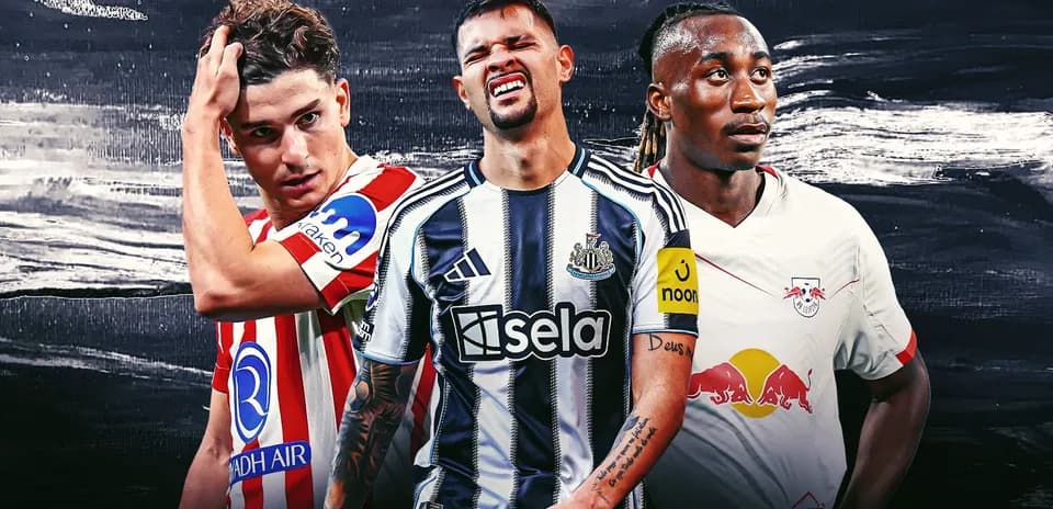 Three football players in club jerseys posing together