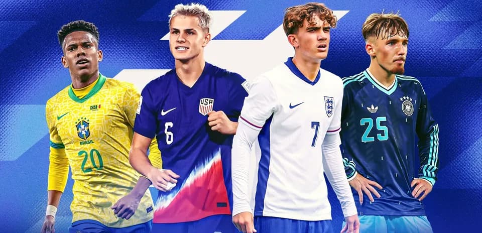 Four young soccer players in national team kits