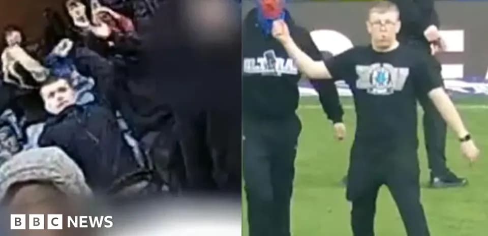 Fans reacting during match and a person on field