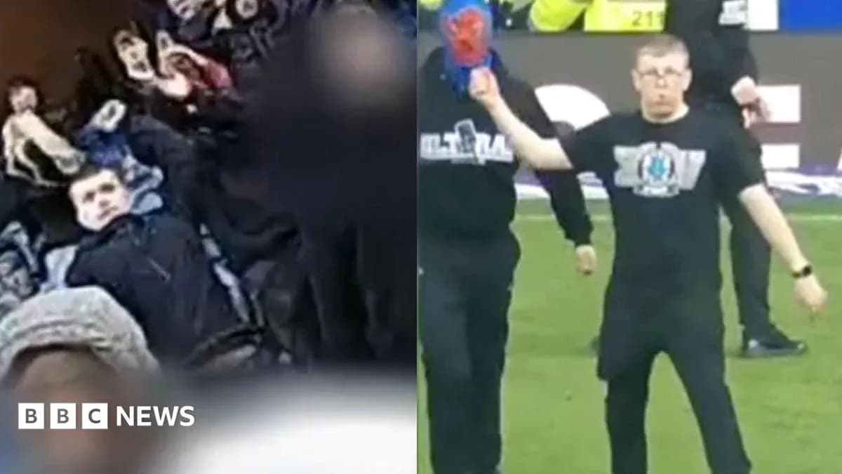 Fans reacting during match and a person on field