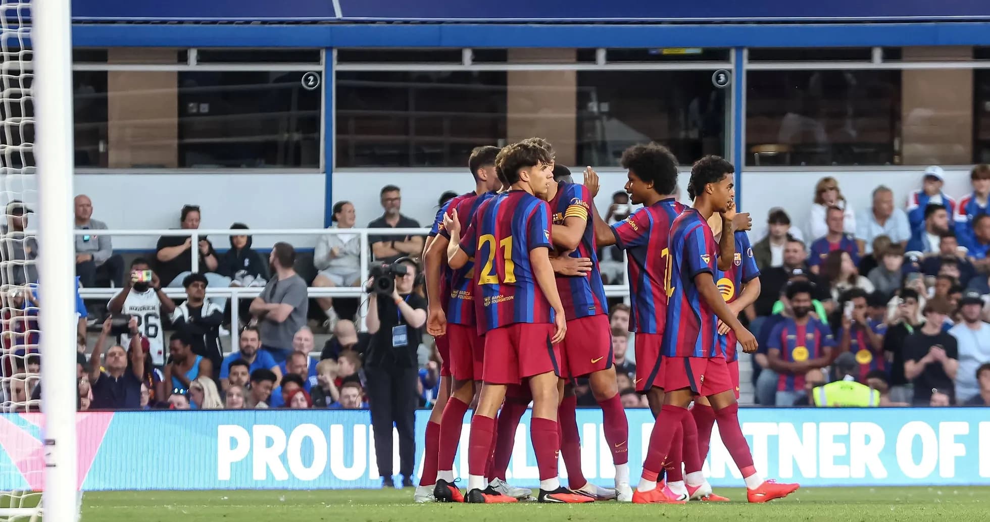 Barcelona players celebrating a goal together