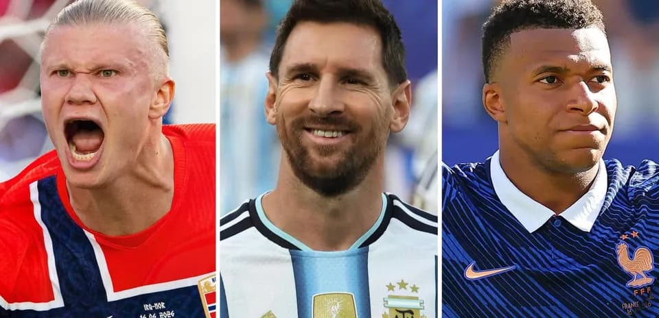 Haaland, Messi, and Mbappé in football jerseys