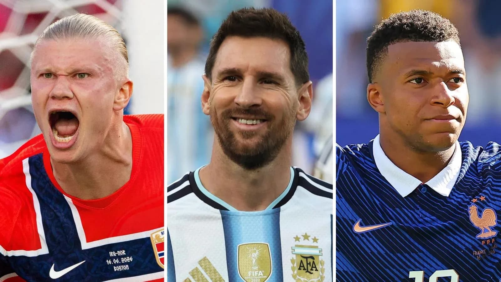 Haaland, Messi, and Mbappé in football jerseys