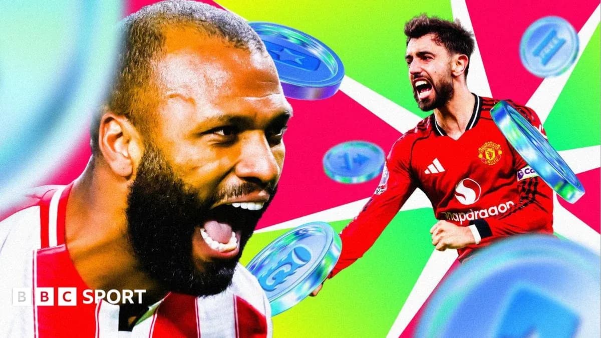 Two football players celebrating with vibrant background