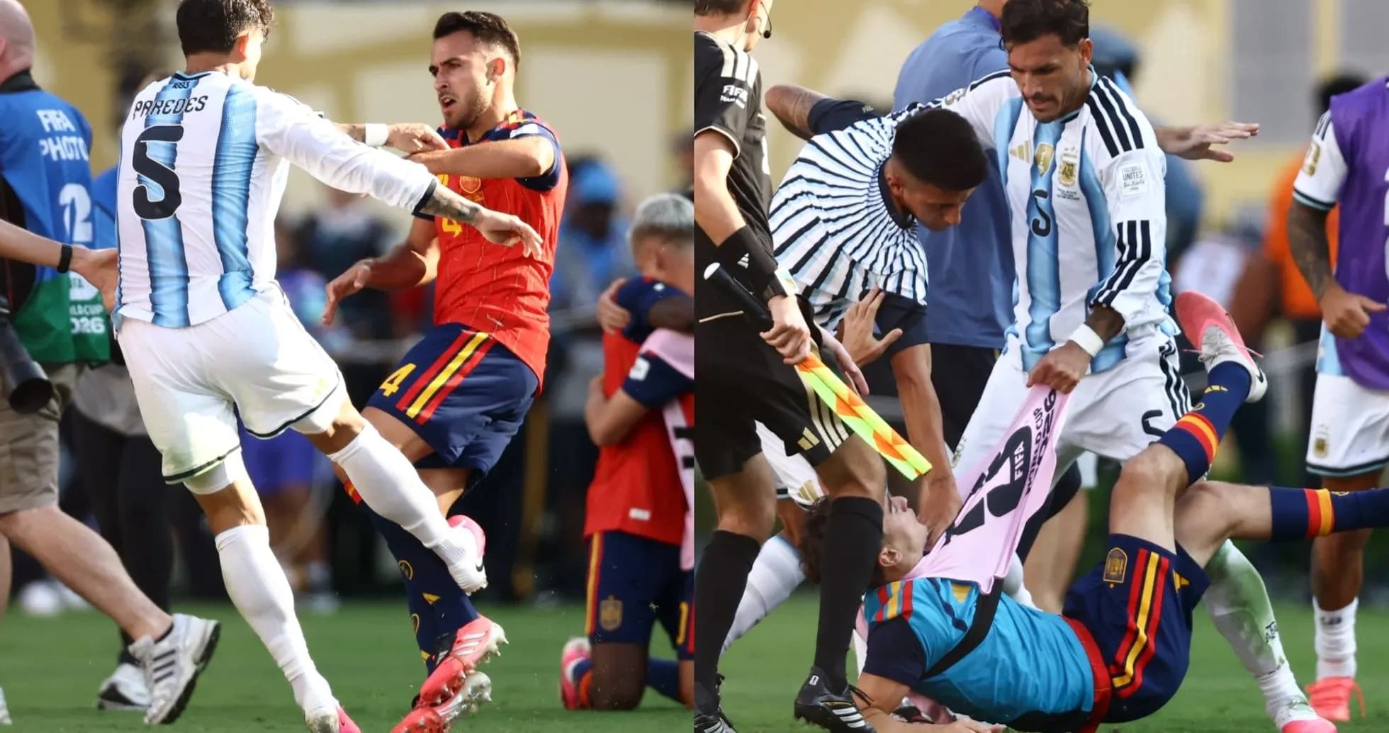 Players clashing during heated football match confrontation