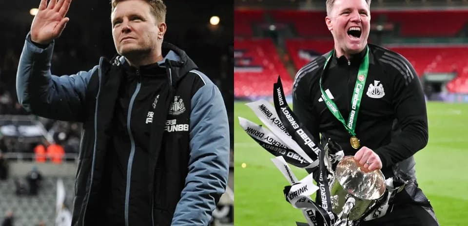 Eddie Howe celebrating and waving at Newcastle fans