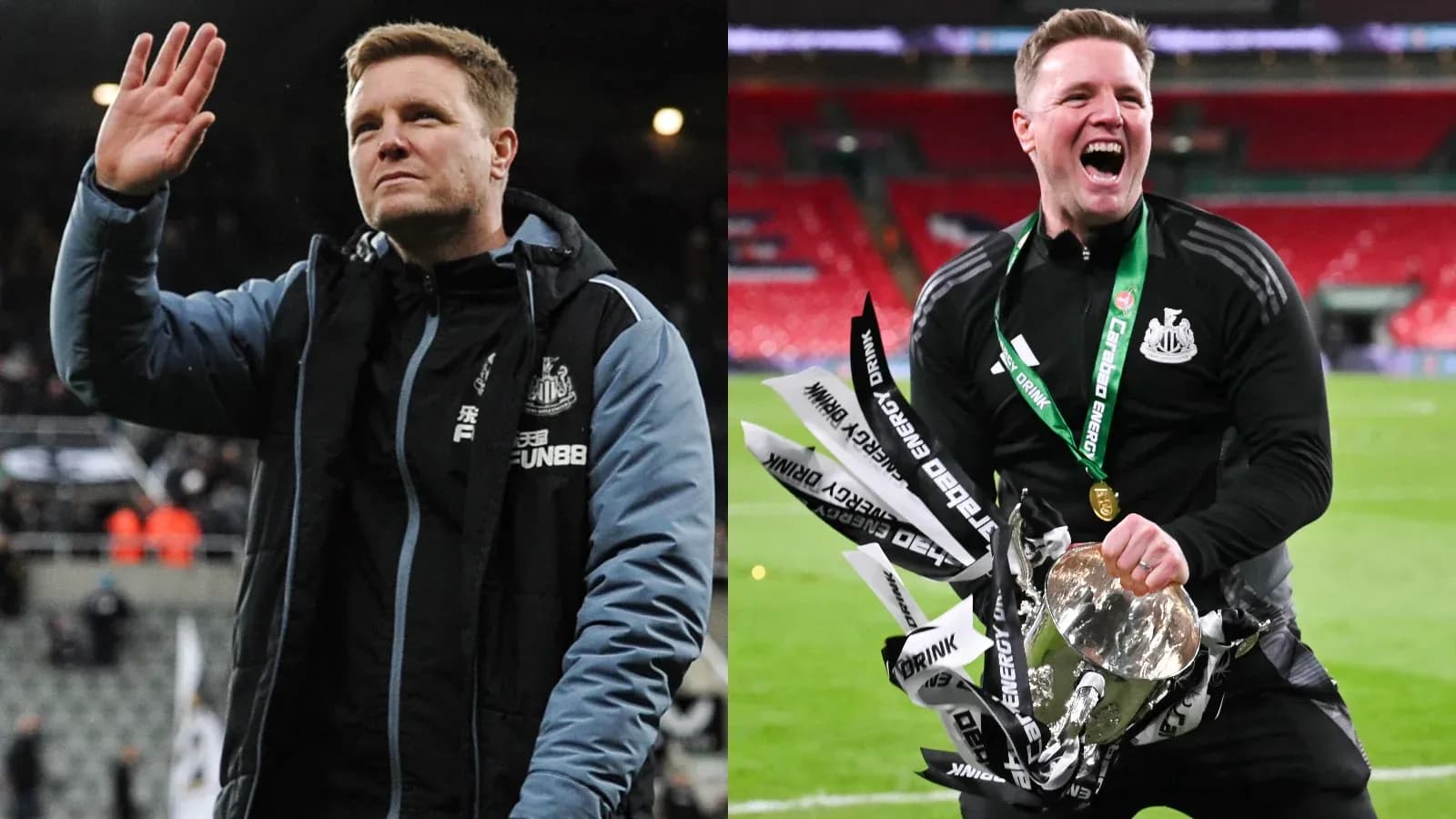 Eddie Howe celebrating and waving at Newcastle fans