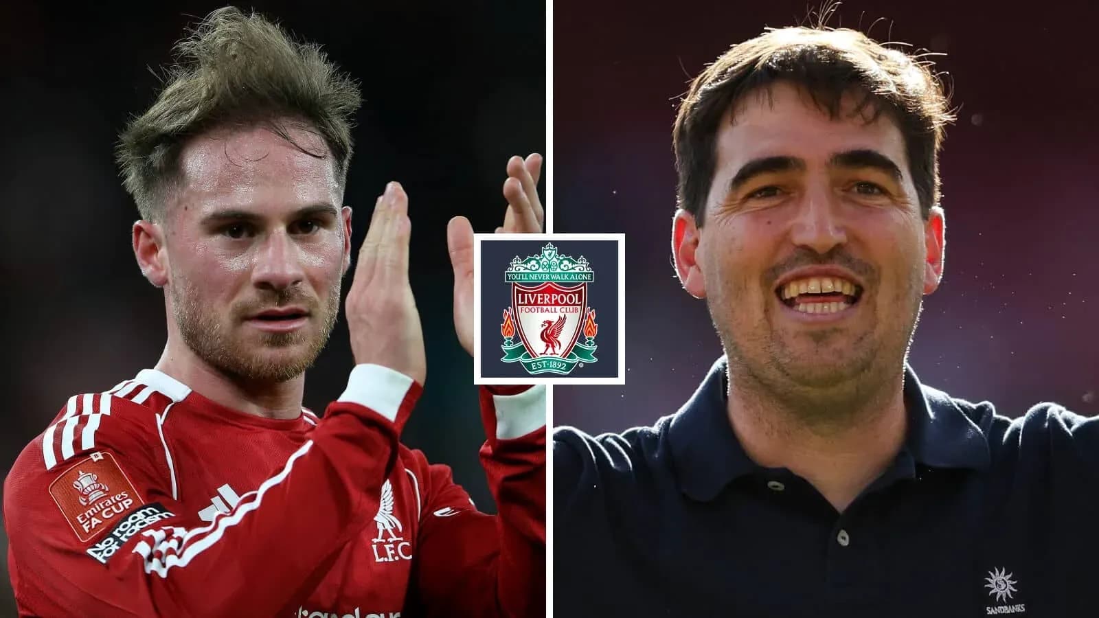 Ikkita futbolchining Liverpool logotipi ortida suratga tushishi