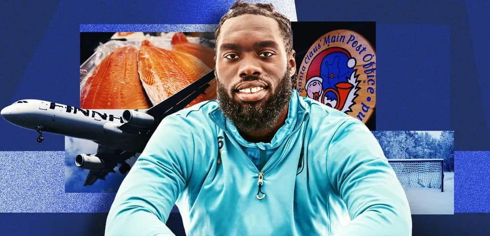 Athlete posing with various images in background