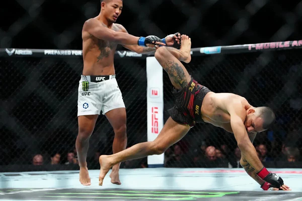 Fighters engaged in action during UFC match