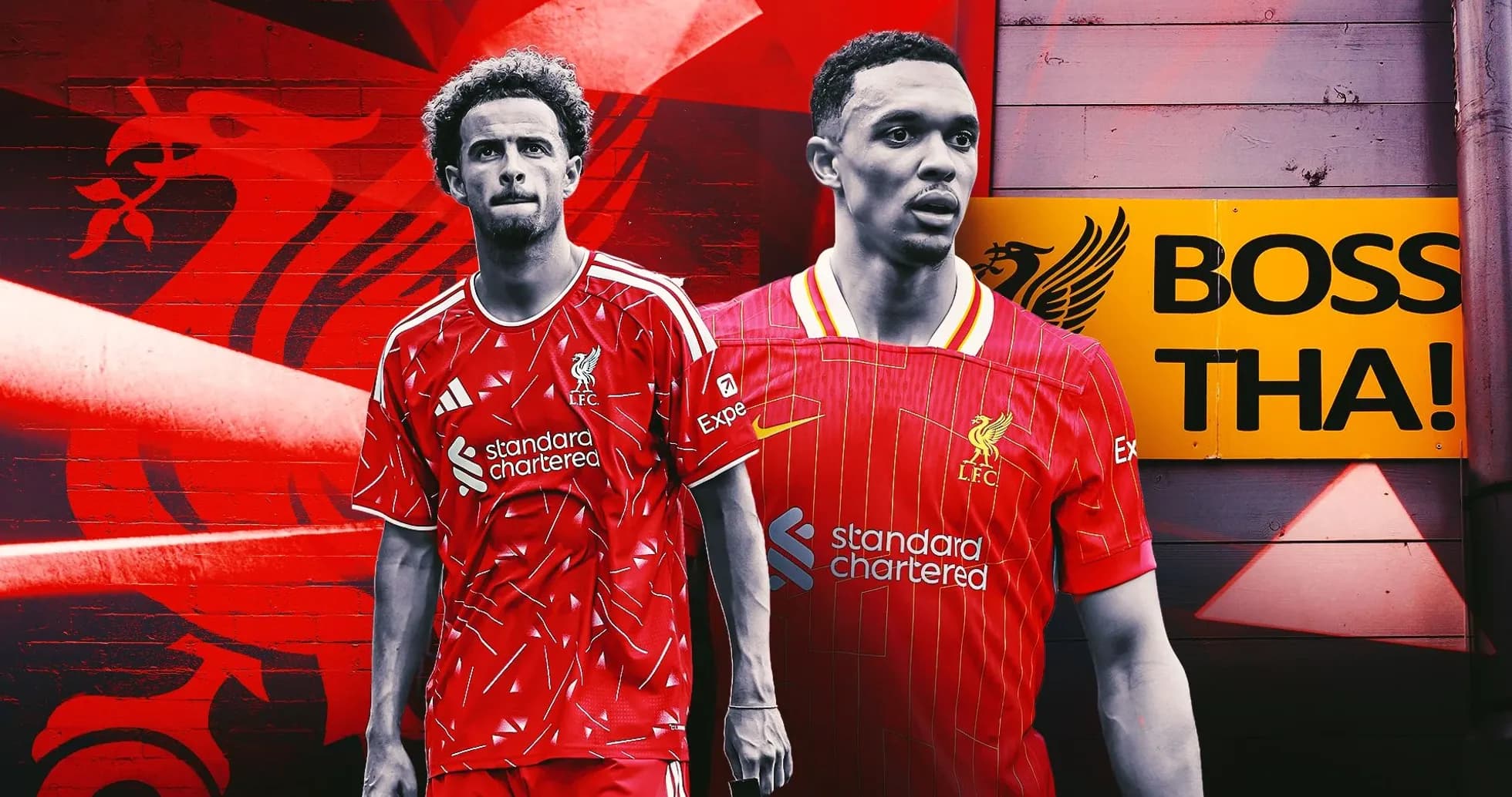 Liverpool players in home kits against red background