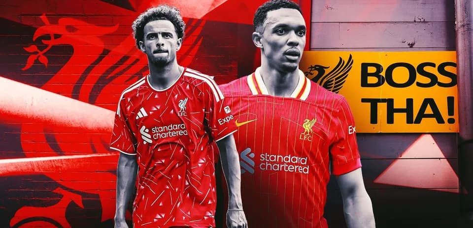 Liverpool players in home kits against red background