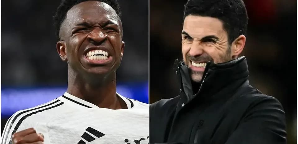 Vinicius Jr. celebrating, Mikel Arteta reacting on sidelines