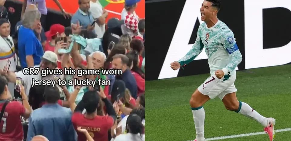 CR7 giving jersey to fan in stadium crowd