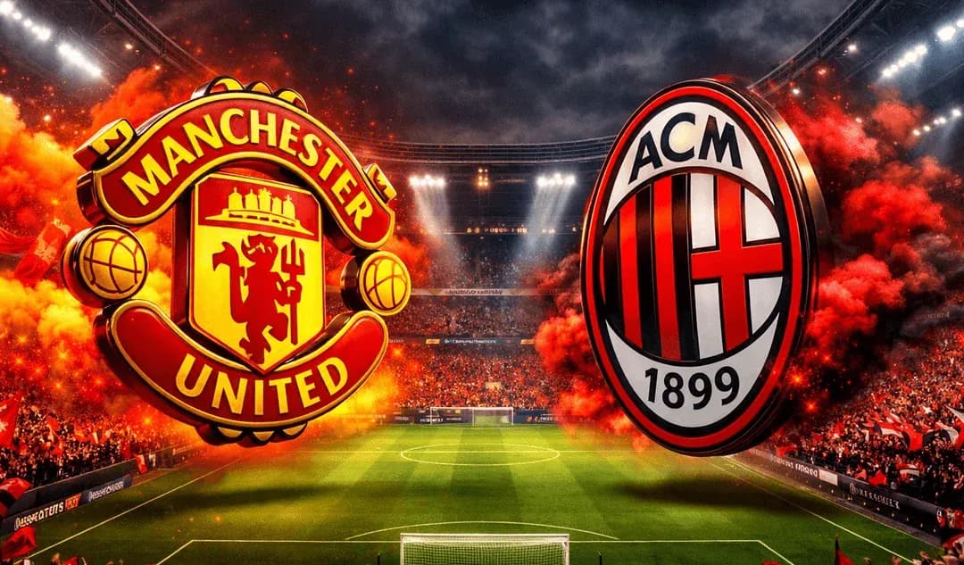 Manchester United and AC Milan logos with stadium background