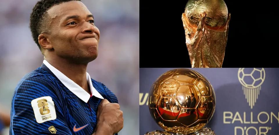 Kylian Mbappé with trophies: FIFA World Cup and Ballon d'Or