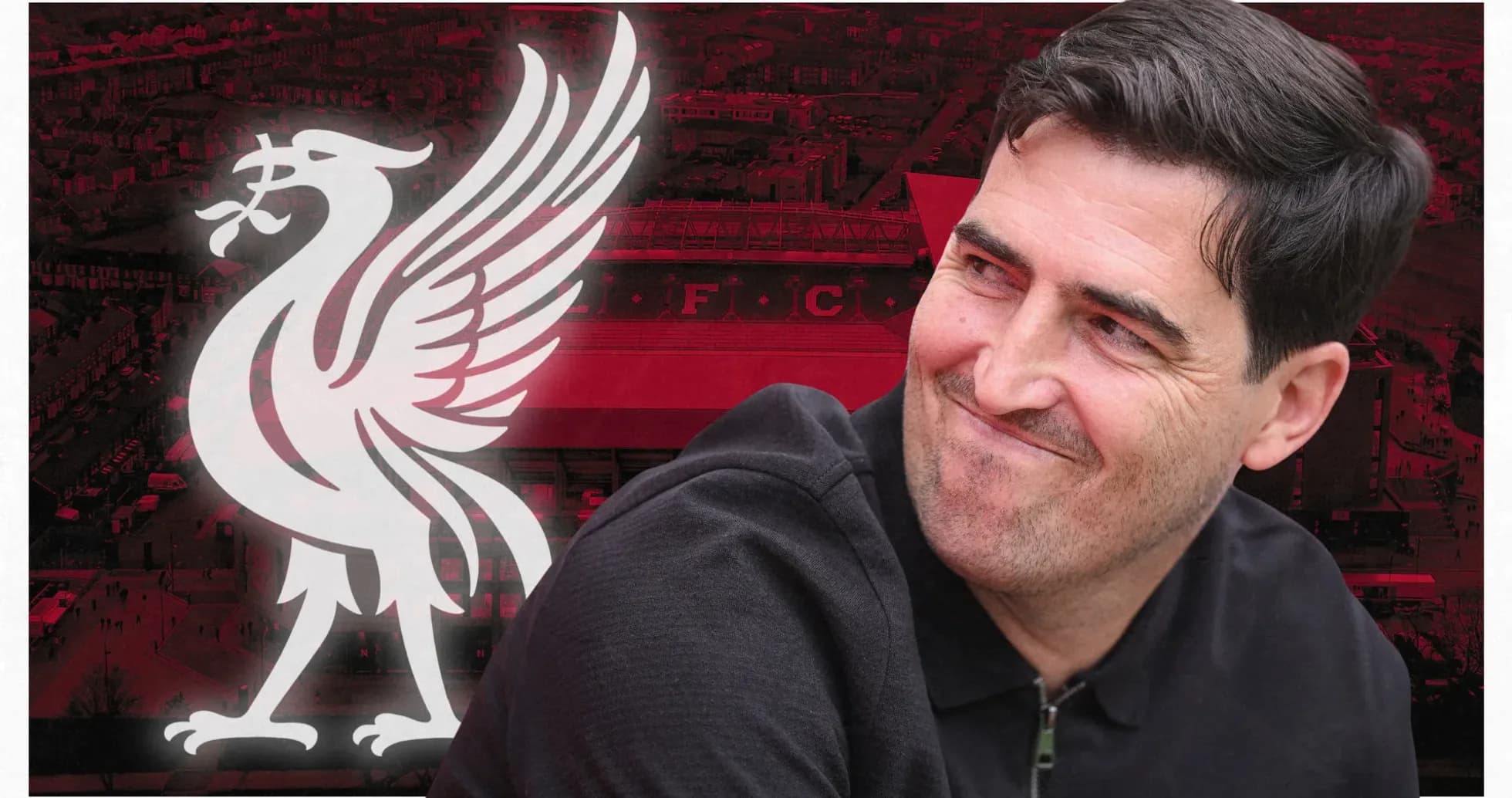 Man smiling with Liverpool FC logo in background