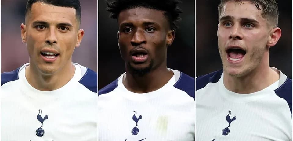 Three Tottenham Hotspur players in match uniforms