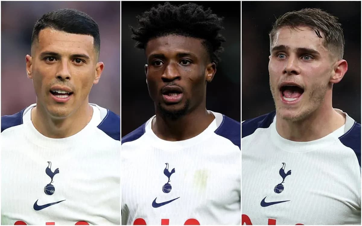 Three Tottenham Hotspur players in match uniforms