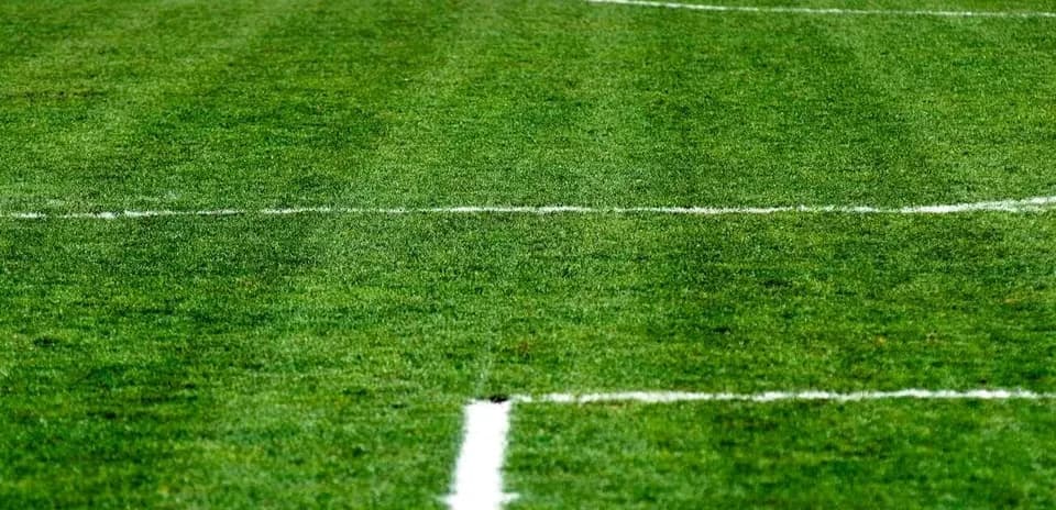 Football pitch with marked white lines on grass