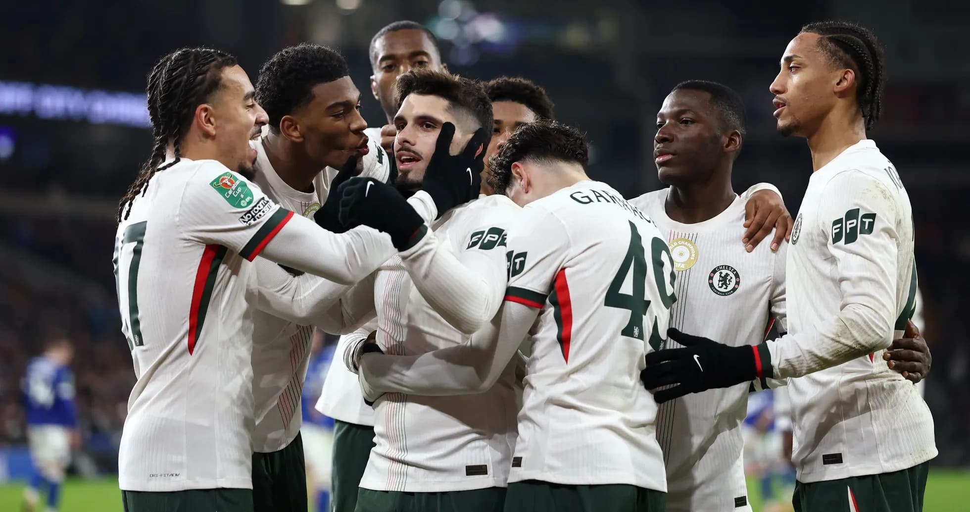 Chelsea players celebrating a goal during match