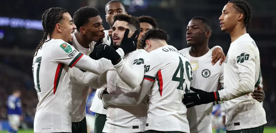 Chelsea players celebrating a goal during match